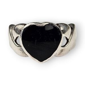 Enamel Heart Sterling Ring Black Open Work 925 Silver Chunky Retro Size 8.5